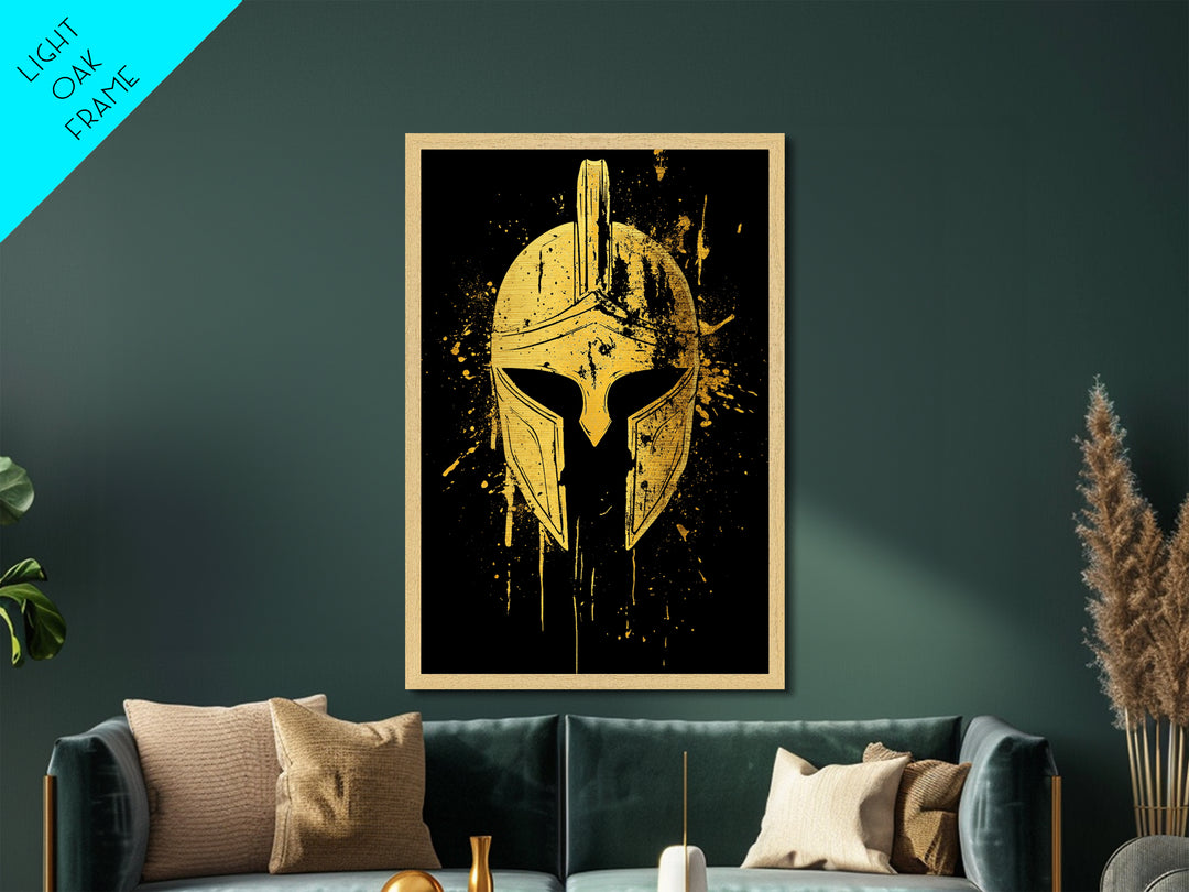 Spartan Helmet Metallic Gold Metal Print, Warrior Wall Art, Real Wood Frame, Bold Historic Decor, Ancient Greek Inspired Artwork