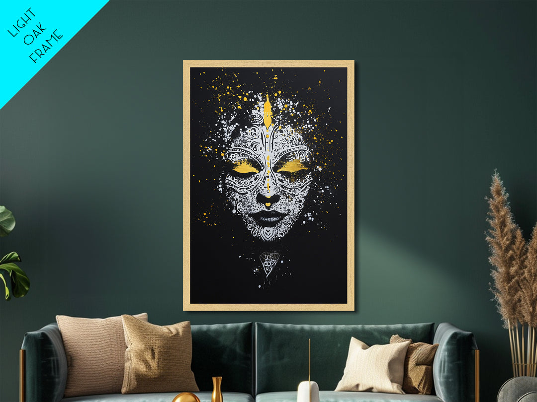 Demon Mask Metallic Gold Metal Print, Tribal Wall Art, Real Wood Frame, Mythical Splatter Art, Cultural Home Decor Accent