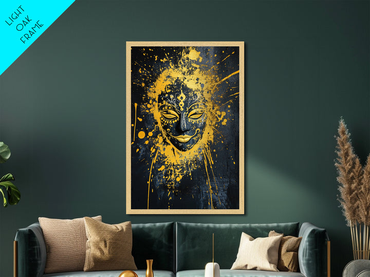 Sacred Mask Metallic Gold Metal Print, Ethnic Wall Art, Real Wood Frame, Mystical Splatter Portrait, Tribal Inspired Home Decor
