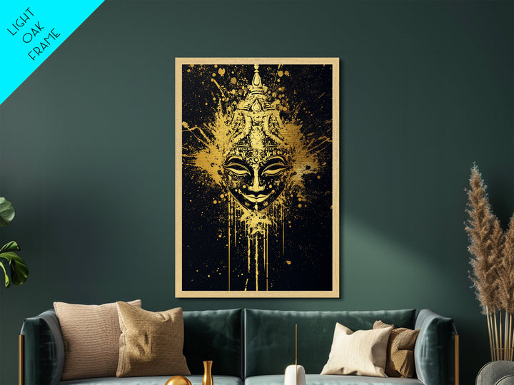 Decorative Mask Metallic Gold Metal Print, Tribal Wall Art, Real Wood Frame, Splatter Abstract Portrait, Ethnic Cultural Accent