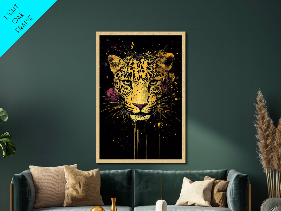 Leopard Portrait Metallic Gold Metal Print, Tribal Animal Art, Real Wood Frame, Splatter Wildlife Decor, Bold Exotic Jungle Artwork
