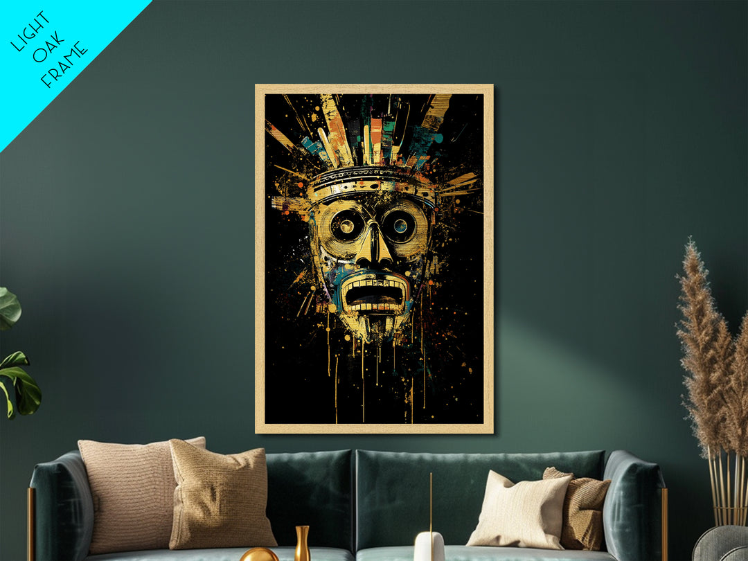 Abstract Splatter Mask Face, Metallic Gold Metal Print, Modern Tribal Wall Art, Real Wood Frame, Contemporary Statement Decor