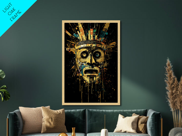 Abstract Splatter Mask Face, Metallic Gold Metal Print, Modern Tribal Wall Art, Real Wood Frame, Contemporary Statement Decor