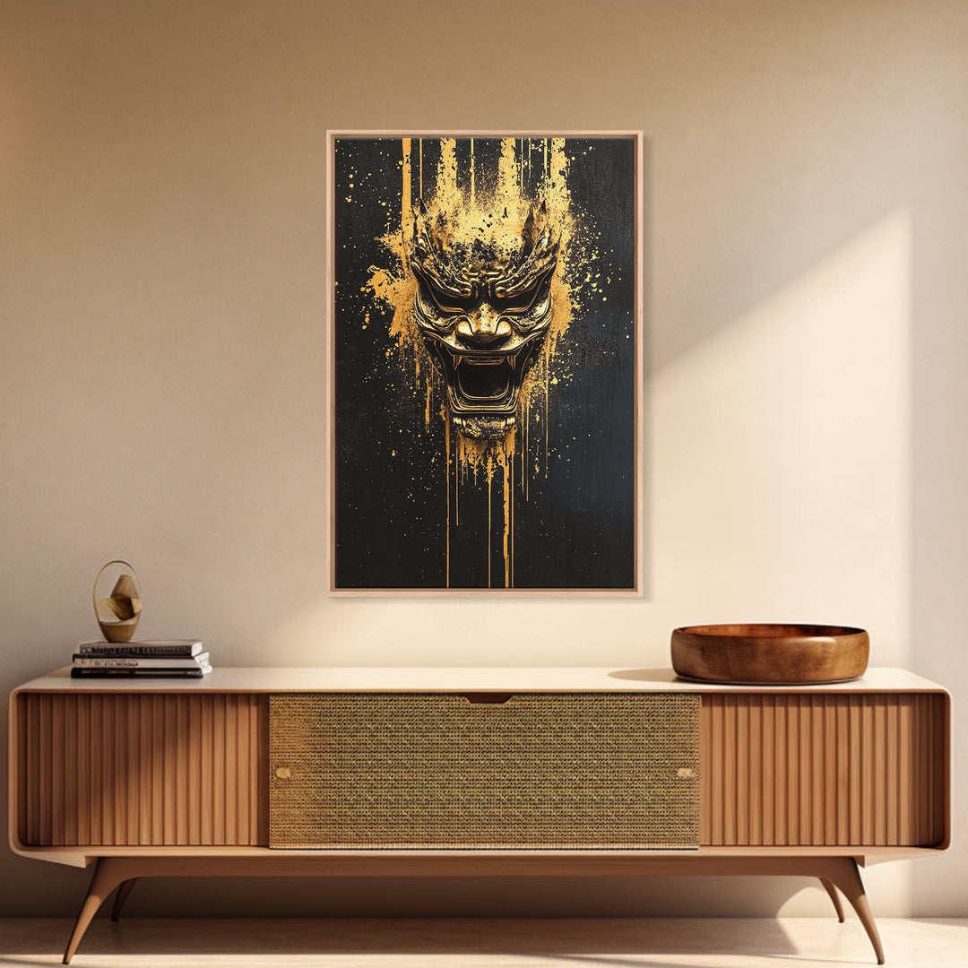Spartan Warrior Helmet Splatter Art, Gold Canvas Print, Historical Wall Decor, Real Wood Frame, Ancient Warrior Artwork