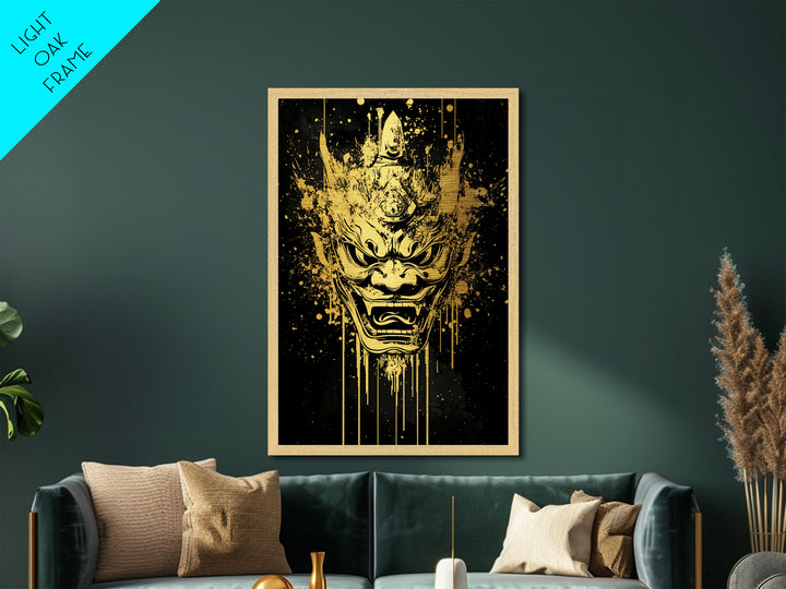 Mythical Demon Splatter Mask, Metallic Gold Metal Print, Bold Wall Art, Real Wood Frame, Fierce Cultural Decor