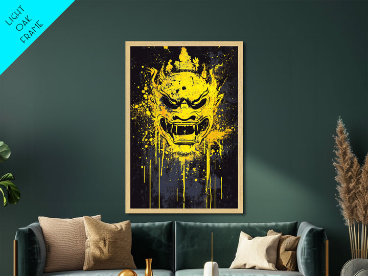 Sacred Mask Splatter Art, Metallic Gold Metal Print, Ethnic Spiritual Wall Decor, Real Wood Frame, Mystical Warrior Artwork
