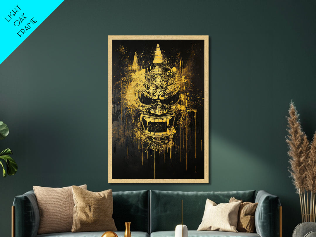 Ornate Splatter Face Mask, Metallic Gold Metal Print, Abstract Cultural Wall Art, Real Wood Frame, Detailed Tribal Artwork