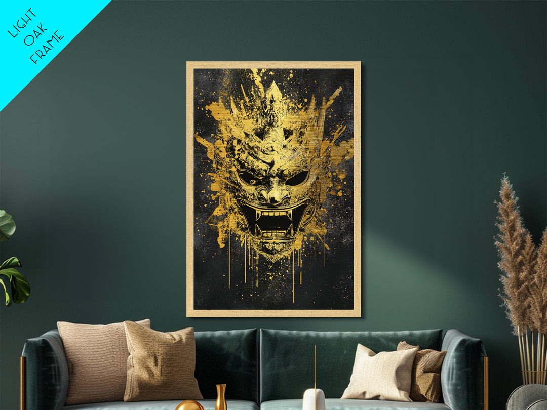 Decorative Tribal Splatter Mask, Metallic Gold Metal Print, Modern Ethnic Wall Decor, Real Wood Frame, Bold Statement Artwork