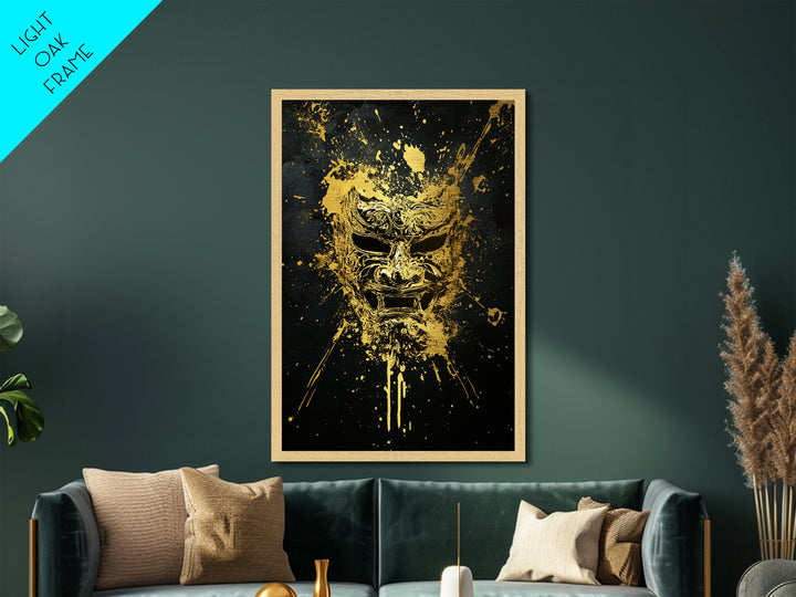 Fierce Demon Mask Metallic Gold Metal Print, Splatter Art Wall Decor, Mythical Wall Art, Real Wood Frame, Tribal Home Accent