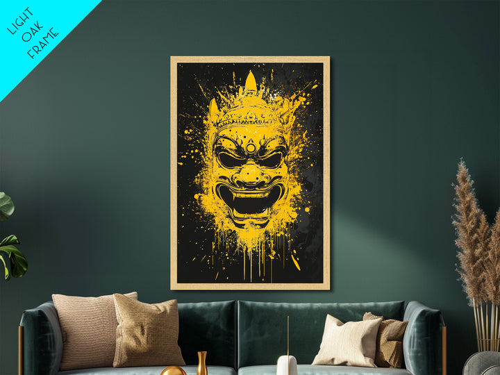 Ancient Warrior Mask Metallic Gold Metal Print, Splatter Style Wall Decor, Bold Wall Art, Real Wood Frame, Mythical Home Accent