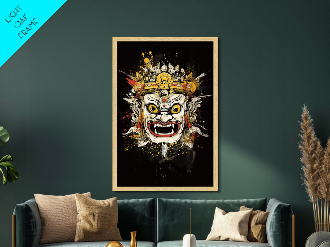 Balinese Mask Metallic Gold Metal Print, Splatter Art Wall Decor, Mythical Cultural Wall Art, Real Wood Frame, Tribal Home Accent