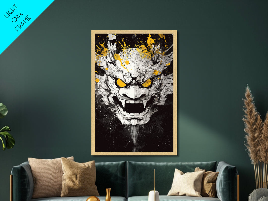 Dragon Demon Face Metallic Gold Metal Print, Splatter Style Wall Decor, Fierce Mythical Mask Art, Real Wood Frame, Tribal Home Accent