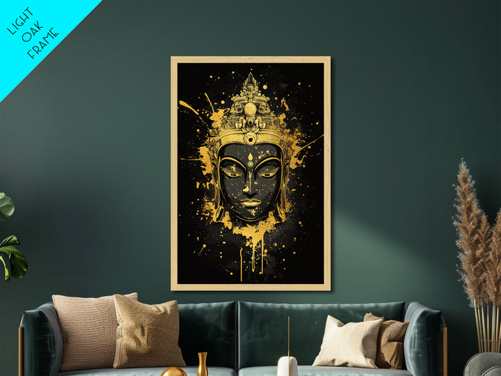 Buddha Head Metallic Gold Metal Print, Sacred Splatter Style Wall Decor, Spiritual Wall Art, Real Wood Frame, Tranquil Home Accent