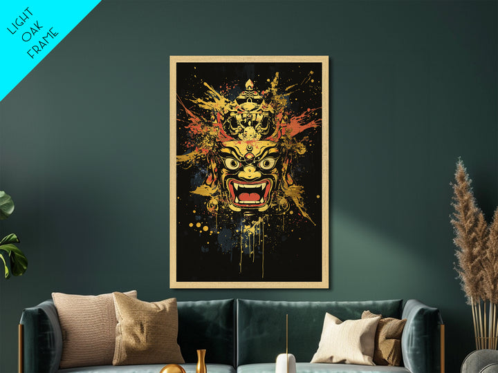 Fierce Mask Metallic Gold Metal Print, Splatter Art Wall Decor, Bold Tribal Mythical Face Art, Real Wood Frame, Statement Home Accent