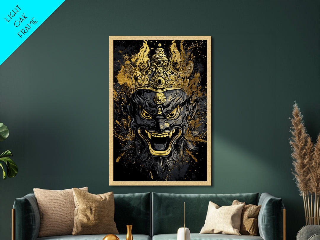 Intricate Demon Mask Metallic Gold Metal Print, Splatter Style Wall Decor, Fierce Mythical Face Art, Real Wood Frame, Tribal Accent