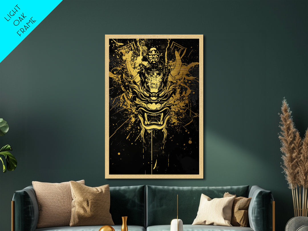 Samurai Demon Mask Metallic Gold Metal Print, Splatter Style Wall Decor, Warrior Inspired Wall Art, Real Wood Frame, Tribal Home Accent