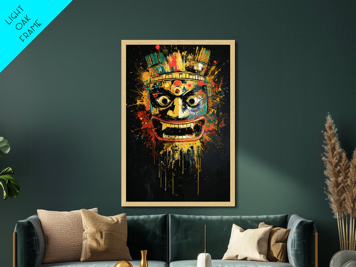 Aztec Warrior Mask Metallic Gold Metal Print, Tribal Wall Art, Splatter Style Decor, Real Wood Frame, Bold Statement Piece