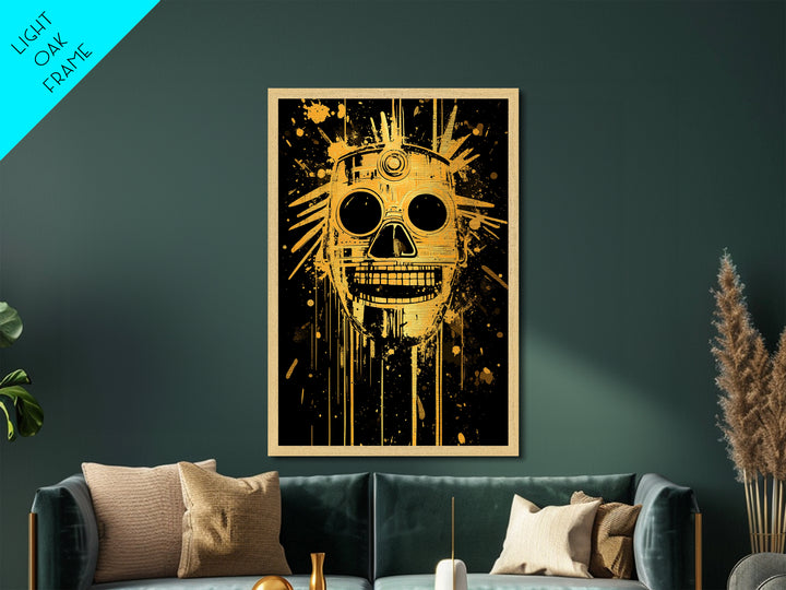 Inca Sun God Mask Metallic Gold Metal Print, Ancient Tribal Wall Art, Splatter Ink Style, Real Wood Frame, Bold Home Decor