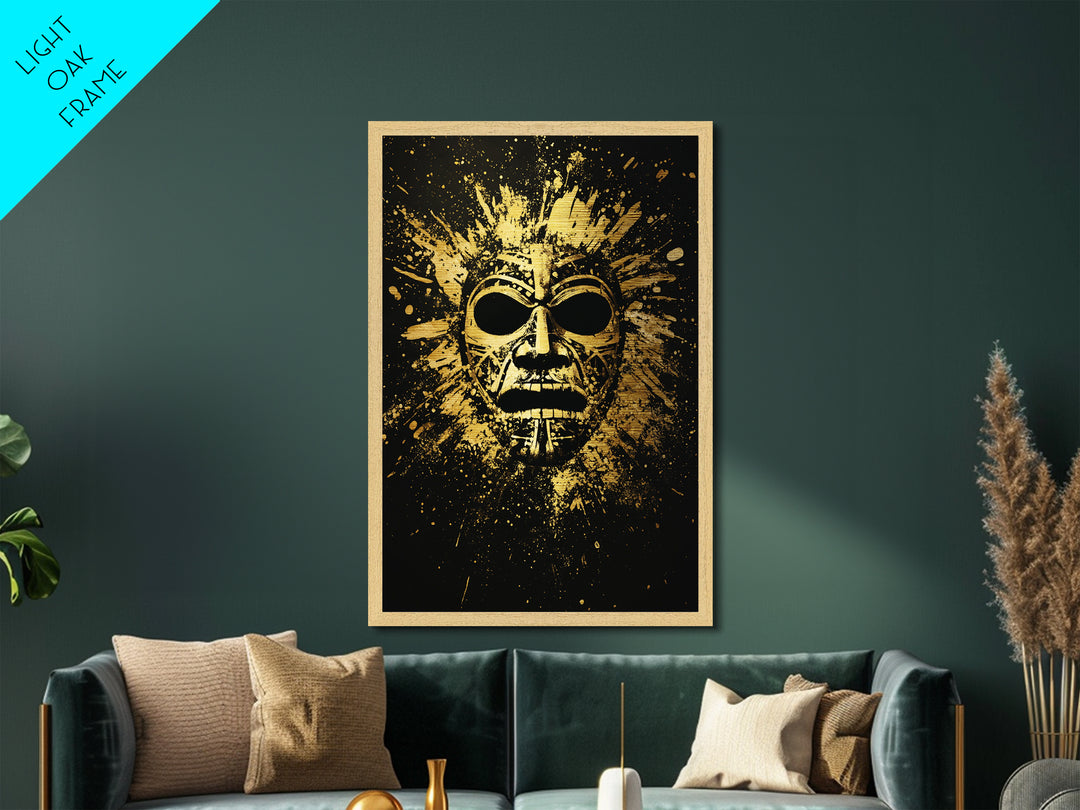 Mayan Ritual Mask Metallic Gold Metal Print, Ancient Tribal Wall Art, Splatter Paint Style, Real Wood Frame, Bold Statement Decor