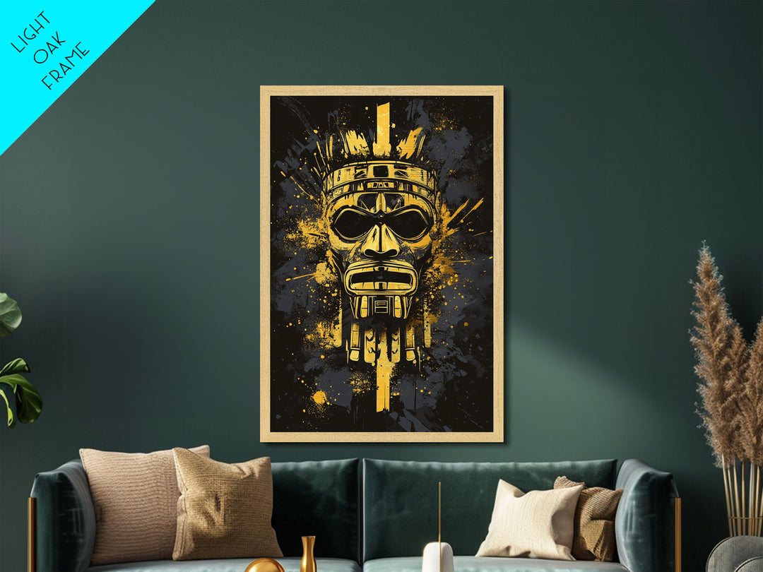 Aztec Chief Mask Metallic Gold Metal Print, Tribal Heritage Wall Art, Splatter Ink Style, Real Wood Frame, Striking Home Accent
