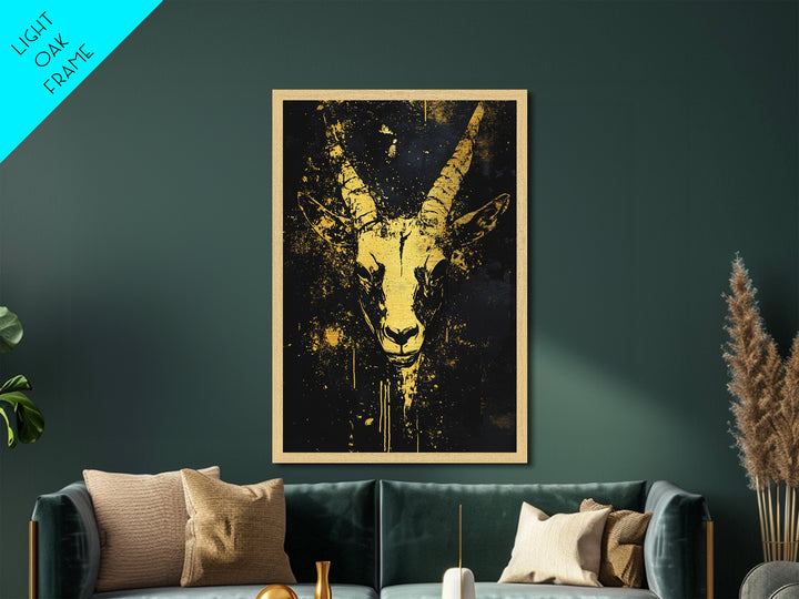 Antelope Spirit Metallic Gold Metal Print, Tribal Wildlife Wall Art, Splatter Style Ink, Real Wood Frame, Minimalist Statement Decor