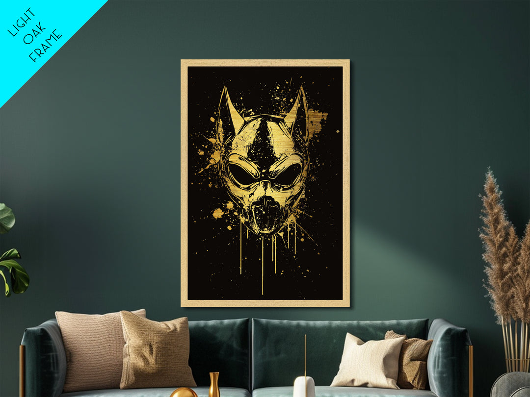 Dog Spirit Mask Metallic Gold Metal Print, Tribal Guardian Wall Art, Splatter Style Ink, Real Wood Frame, Fierce Bold Home Decor