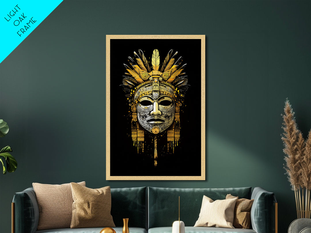 Aztec Feathered Mask Metallic Gold Metal Print, Ornate Tribal Face Art, Ethnic Wall Hanging Decor, Real Wood Frame