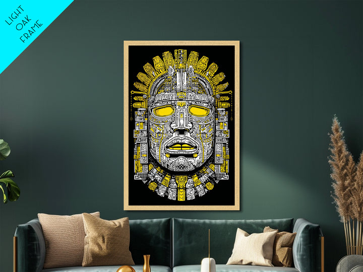 Aztec Sun Mask Metallic Gold Metal Print, Bold Tribal Face Artwork, Ancient Splatter Style Wall Decor, Real Wood Frame