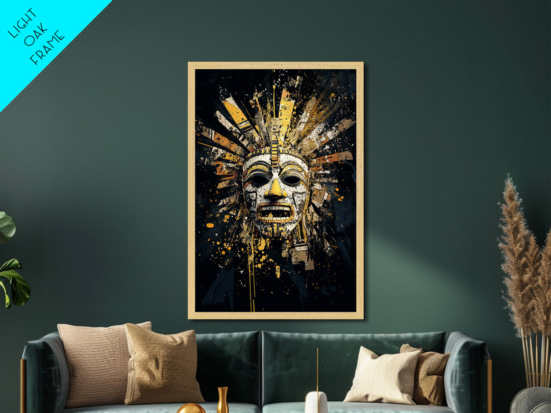 Aztec Feather Headdress Metallic Gold Metal Print, Ornate Tribal Face Artwork, Mythic Wall Decor, Real Wood Frame