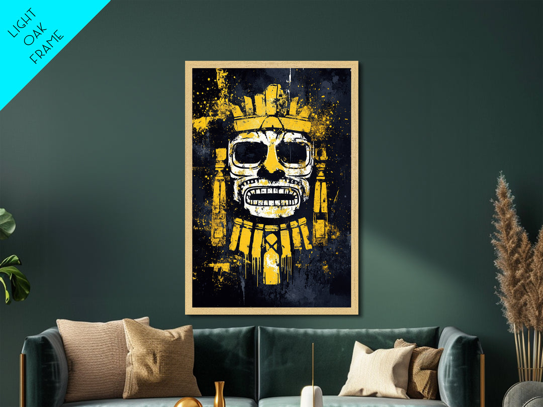 Aztec Feathered Warrior Metallic Gold Metal Print, Ornate Tribal Face Artwork, Ancient Wall Decor, Real Wood Frame