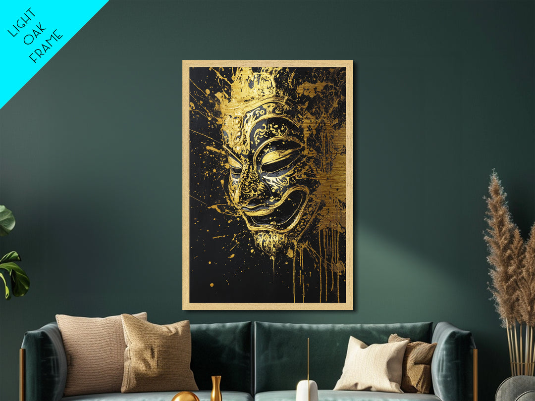 Traditional Mask Metallic Gold Art, Intricate Wall Art, Cultural Spirit Artwork, Real Wood Frame, Unique Splatter Pattern Home Decor