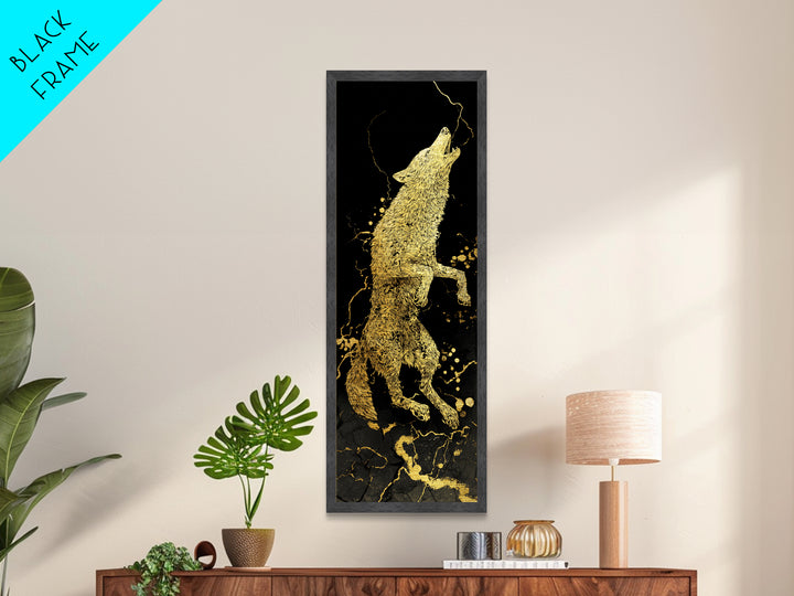 Wolf Fenrir Norse Mythology Metallic Gold Art Metal Art, Viking Office Wall Decor for Men, framed in natural real wood