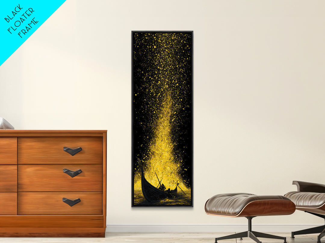Viking Funeral Ship Canvas Gold Art Canvas Art, Norse Mythology Wall Decor for Dad Gift or Office, framed in rustic wood