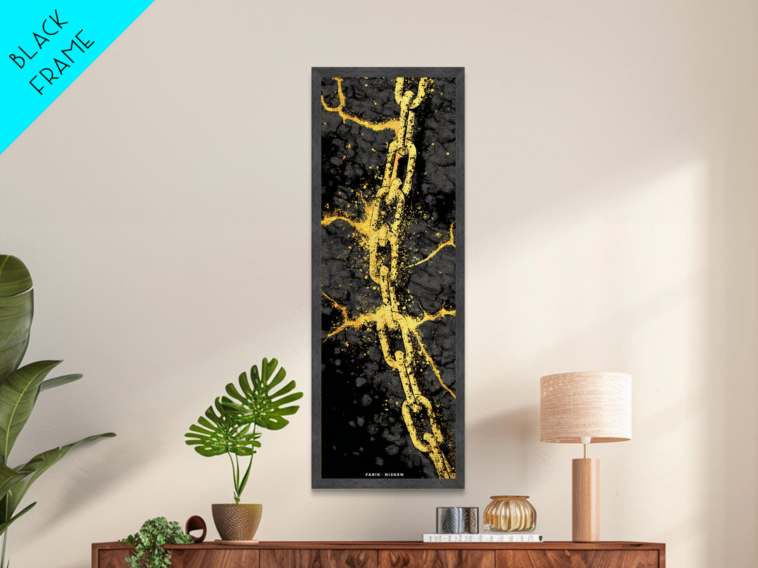 Gleipnir Chain of Fenrir Metallic Gold Art Metal Art, Norse Mythology Viking Decor for Man Cave, in a natural wood frame