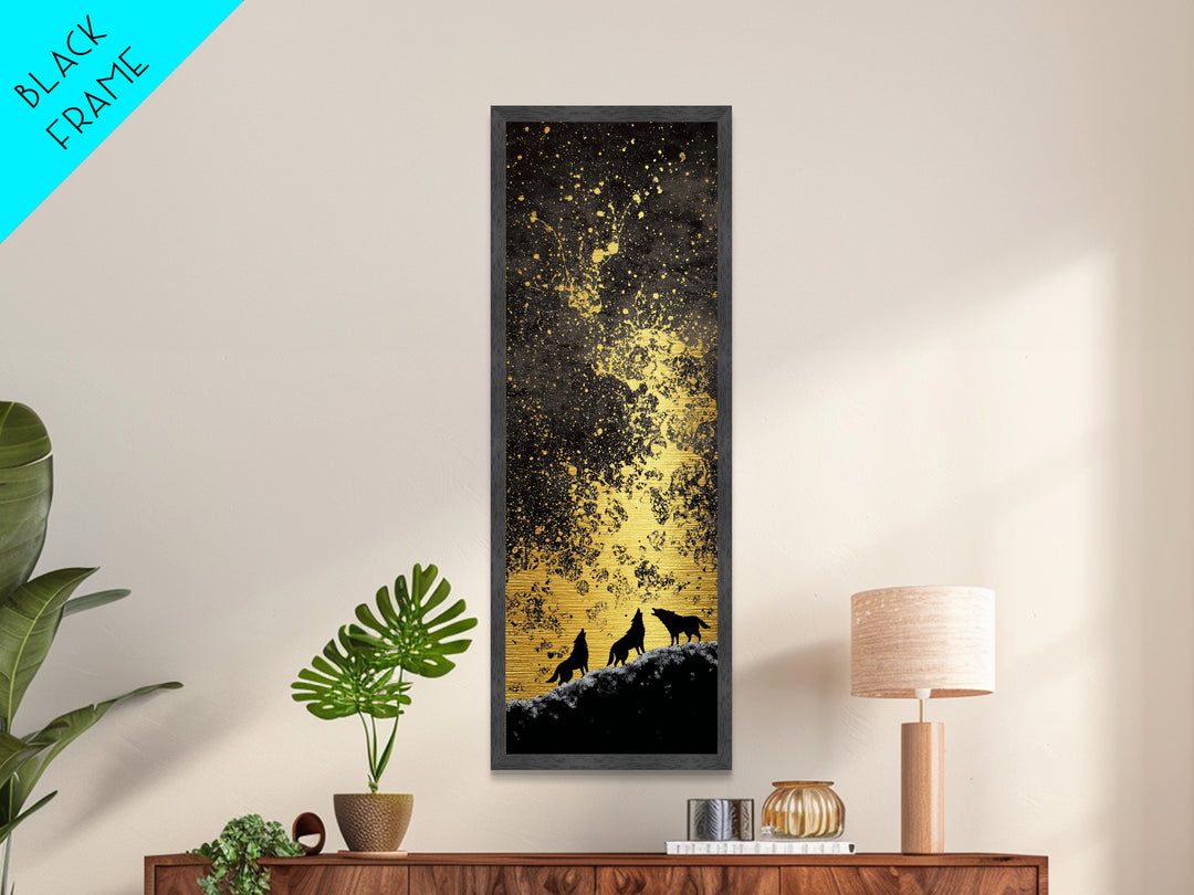 Howling Wolves Norse Night Metallic Gold Art Metal Art, Nordic Mythology Wall Art for Men’s Office, framed with real wood