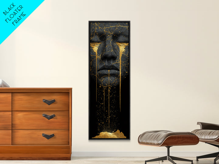 Crying Norse Mask Canvas Gold Art Canvas Art | Nordic Mythology Wall Decor for Man Cave or Office | Framed in Natural Wood