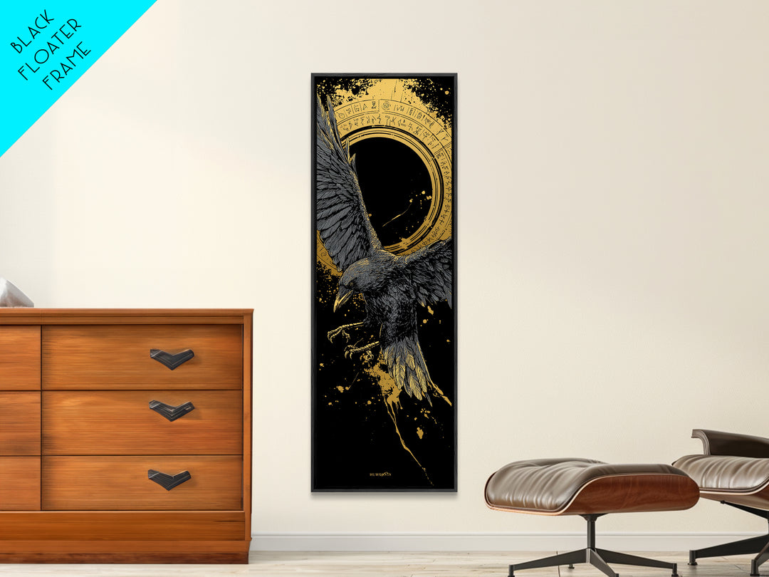 Odin’s Raven Canvas Gold Art Canvas Art | Nordic Mythology Wall Art for Dad Gift or Man Cave | Viking Decor in Real Wood Frame