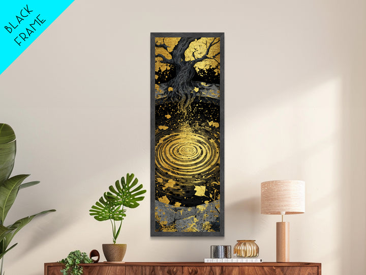 Yggdrasil Tree Metallic Gold Art Metal Art | Nordic Mythology Wall Art of World Tree | Viking Office Decor Framed with Natural Wood