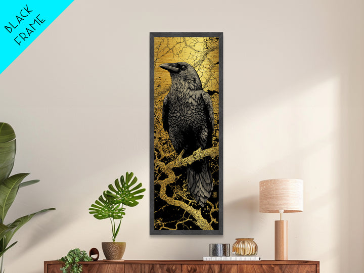 Hugin Raven Metallic Gold Art Metal Art | Nordic Mythology Wall Decor of Odin’s Raven | Viking Office Art Framed in Natural Wood