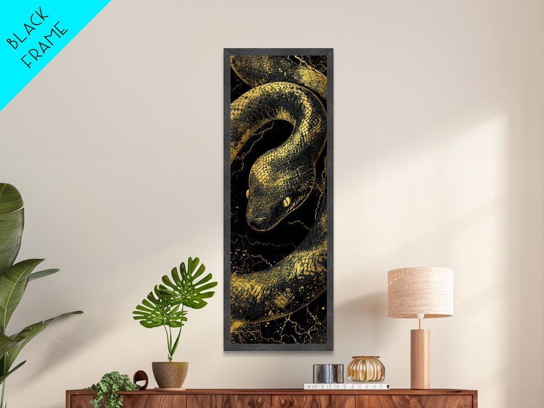 Nordic Snake Metallic Gold Art Metal Art | Viking Mythology Inspired Serpent Wall Decor | Man Cave or Dad Gift Framed in Real Wood