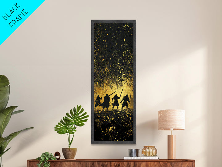 Viking Warriors Metallic Gold Art, Norse Mythology Metal Art Depicting Heroic Einherjar, Man Cave and Office Wall Decor with Real Wood Framing