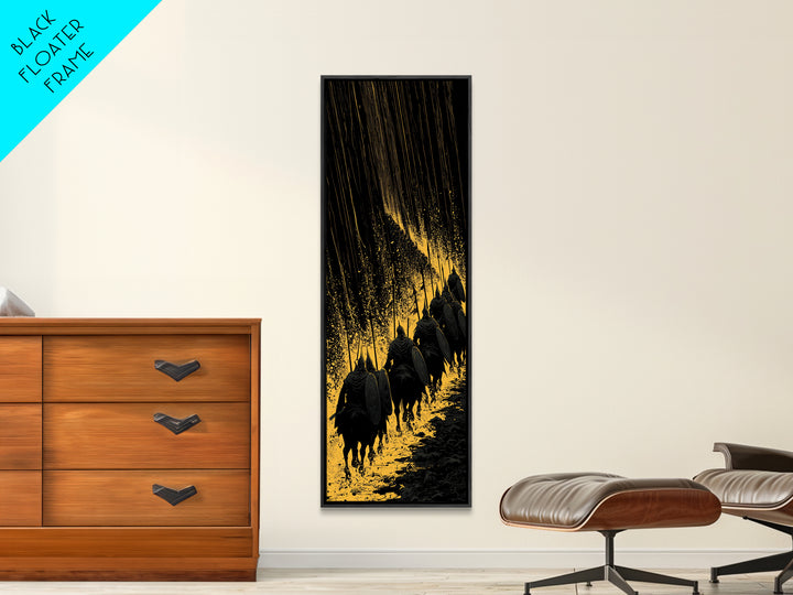 Einherjar Warriors Canvas Gold Art, Viking Battle Canvas Art with Norse Mythology Theme, Office or Man Cave Wall Decor in Real Wood Frame