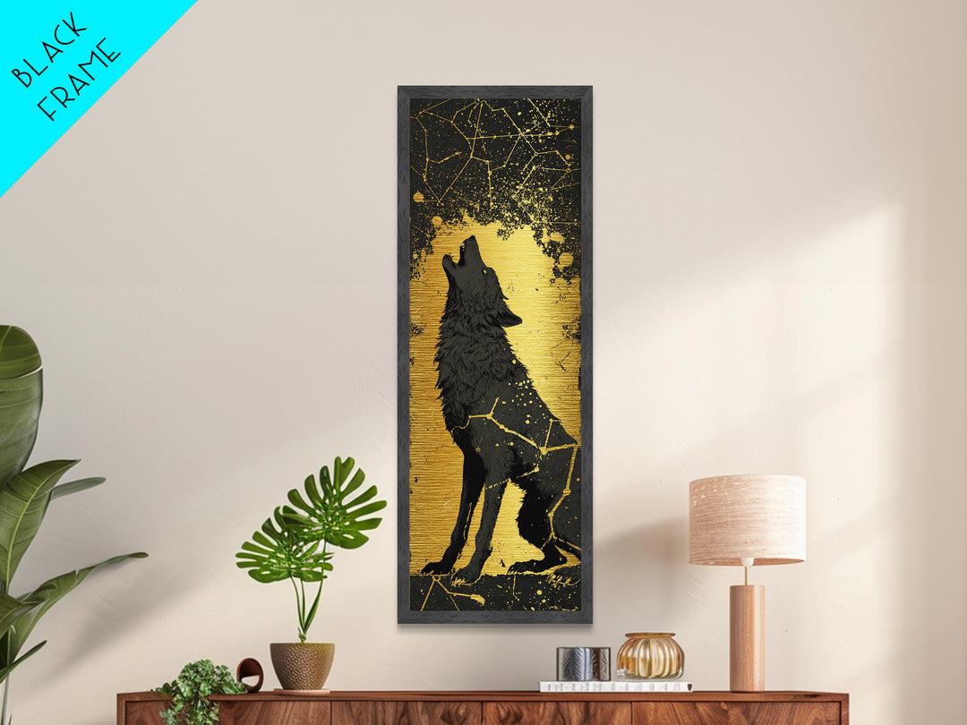 Fenrir Wolf Metallic Gold Art, Norse Mythology Metal Art Depicting Legendary Wolf, Viking Office Art or Man Cave Decor with Real Wood Framing