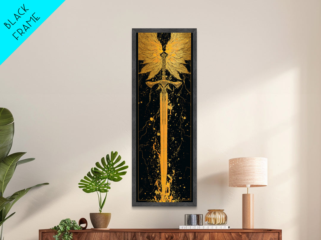 Norse Viking Sword Metallic Gold Art, Nordic Mythology Metal Art Featuring Golden Weapon, Man Cave Office Wall Decor with Elegant Natural Wood Frame