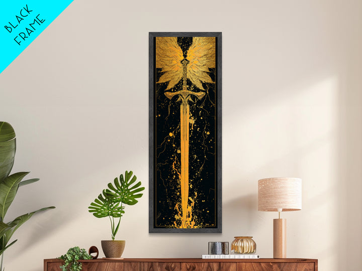 Norse Viking Sword Metallic Gold Art, Nordic Mythology Metal Art Featuring Golden Weapon, Man Cave Office Wall Decor with Elegant Natural Wood Frame