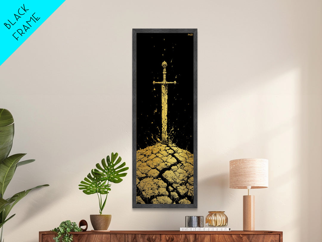 Sword of the North Metallic Gold Art – Viking Mythology Metal Art for Man Cave or Office, framed in natural real wood