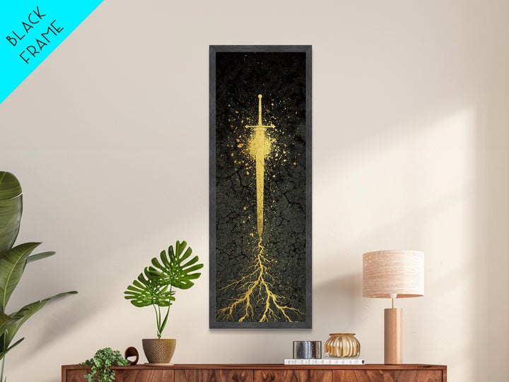 Metallic Gold Art of Runic Viking Sword – Nordic Mythology Metal Art, Norse Decor with real wood frame, perfect Dad Gift