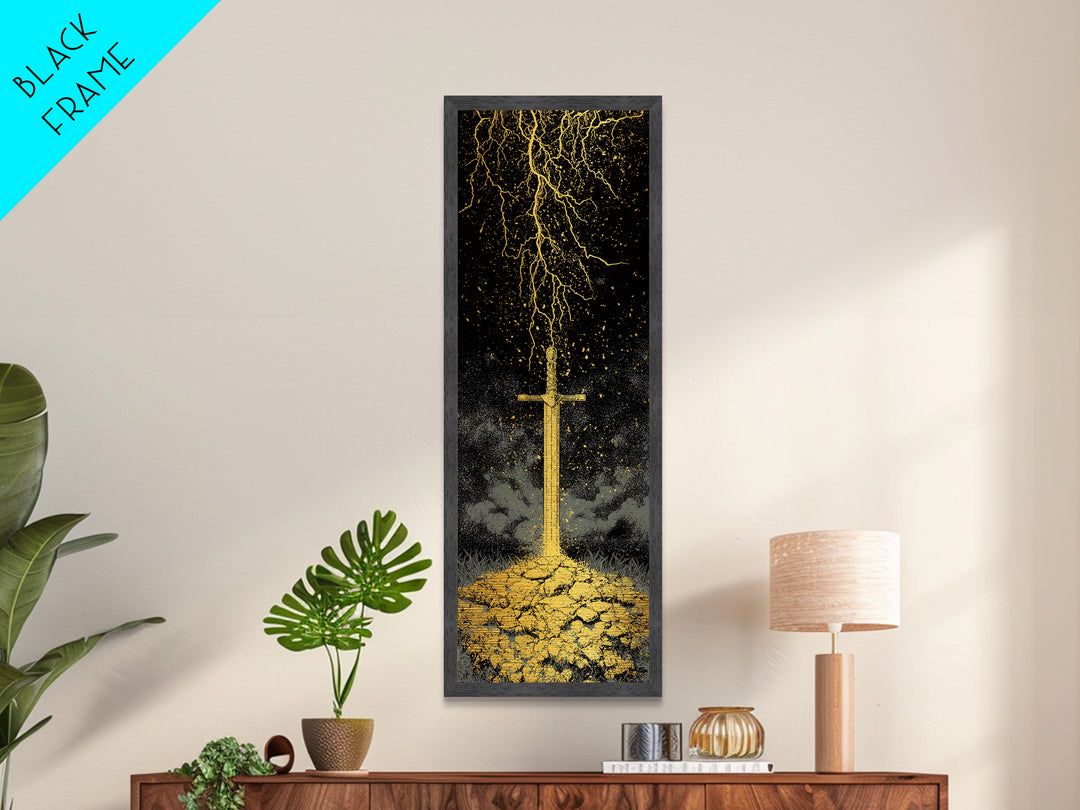 Storm-Forged Viking Sword Metallic Gold Art – Striking Nordic Mythology Metal Art with lightning, real wood frame included