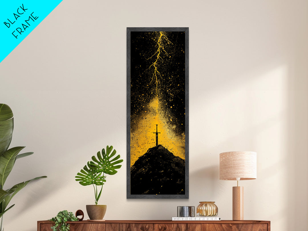 Metal Art Norse Sword of Power – Metallic Gold Art inspired by Viking legends, wall décor framed in authentic real wood