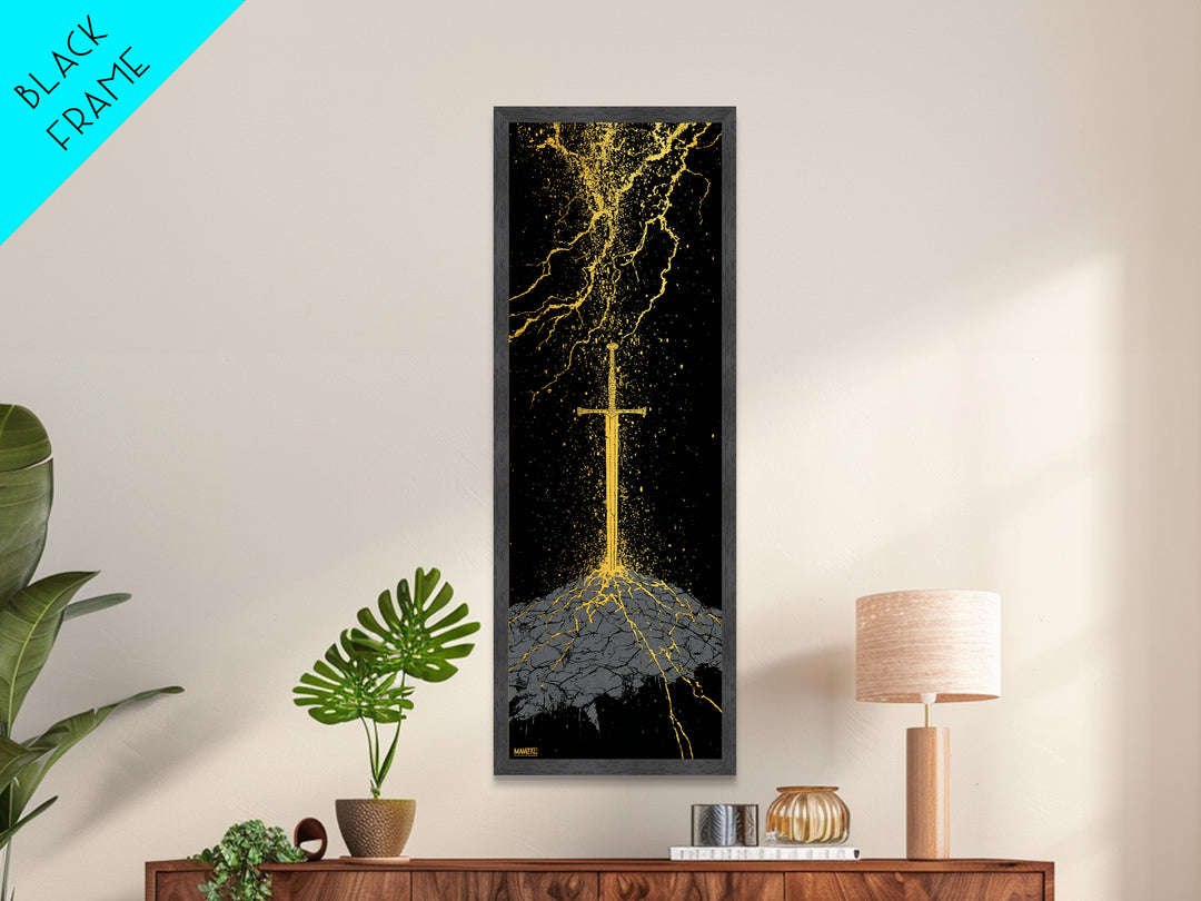 Viking Sword Under Thunder Metallic Gold Art – Nordic Mythology Metal Art, bold wall décor for office, with real wood frame